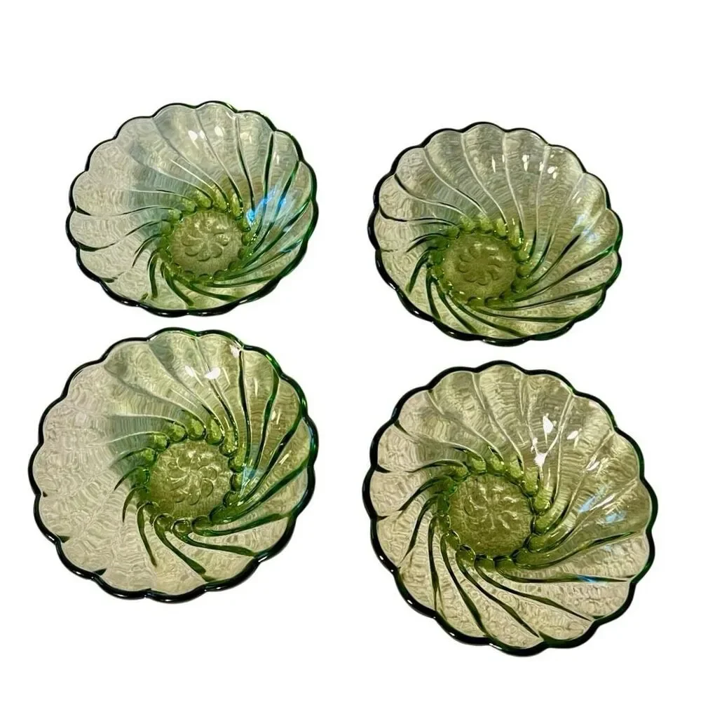 1960s MCM Hazel Atlas Avocado Green Glass Berry Bowls Seashell Swirl 4 Pieces